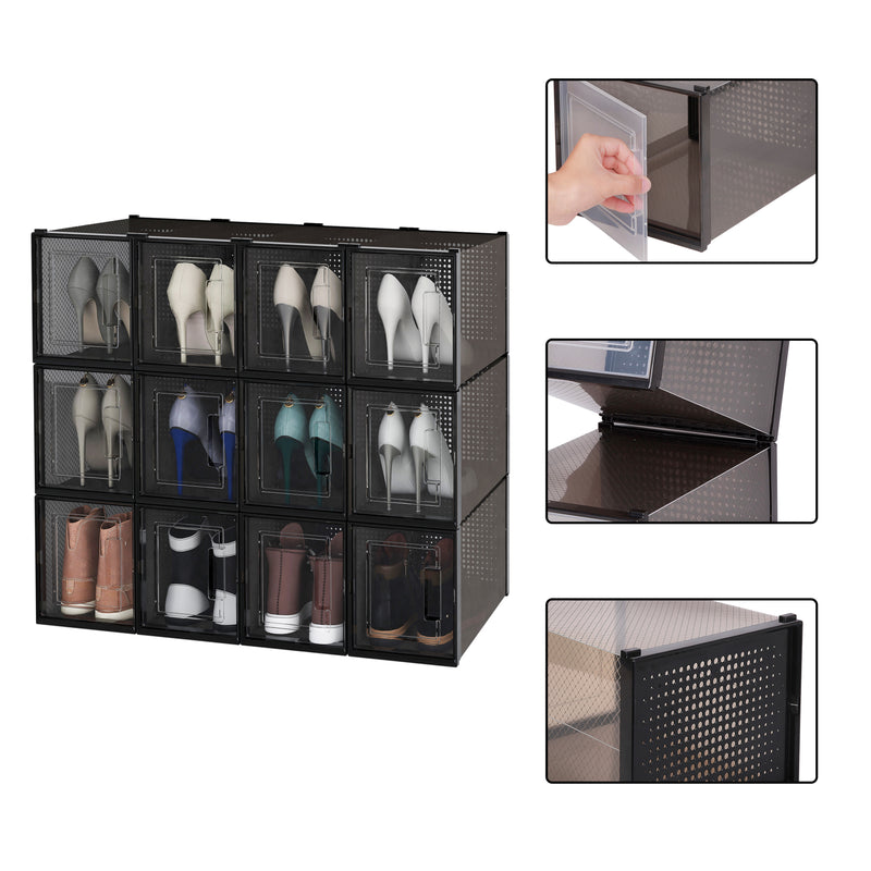 Meerveil Stackable Shoe Box, Set of 12 with clear Door, Black