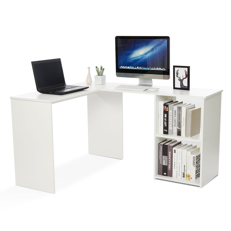 Meerveil L-shaped Computer Desk, White/Black Color, 2 Storage Compartments