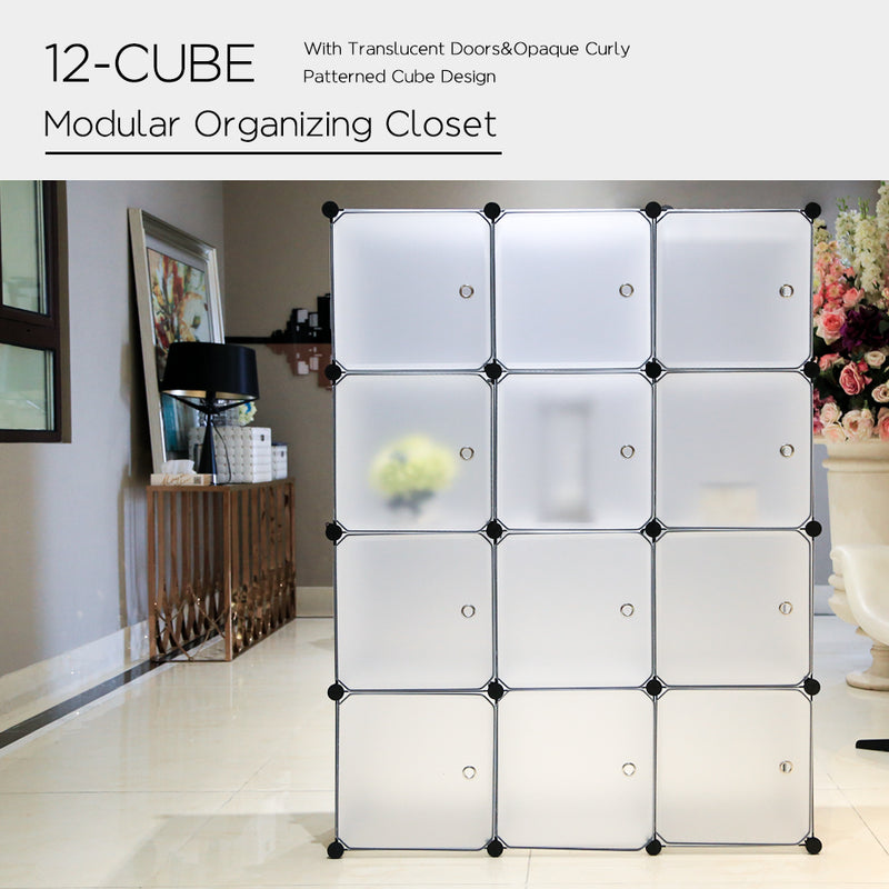 Meerveil Bedroom PP Storage Wardrobe, 12 Cubes/20 Cubes, White and Transparent