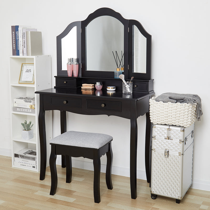 Meerveil Toeletta classica, colore nero/bianco, dotata di un grande specchio, cassetti e sgabello stampato