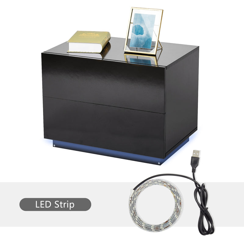 Meerveil Bedside Table, LED Bedside Cabinet with 2 Drawers High Gloss with USB Light