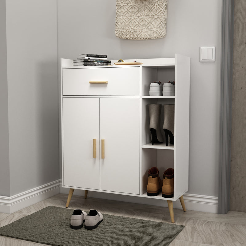 Meerveil Gabinete de almacenamiento moderno, color blanco, 2 puertas y un cajón