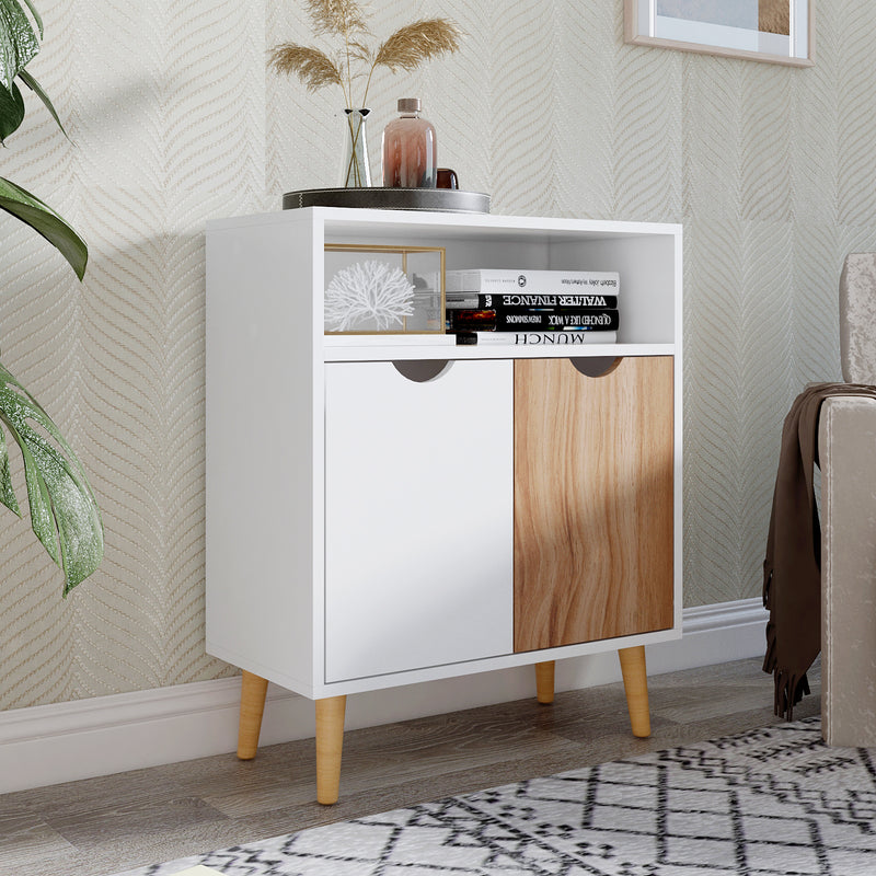 Meerveil Storage Cabinet, White and Oak, with 2 Doors, Solid Wood Legs