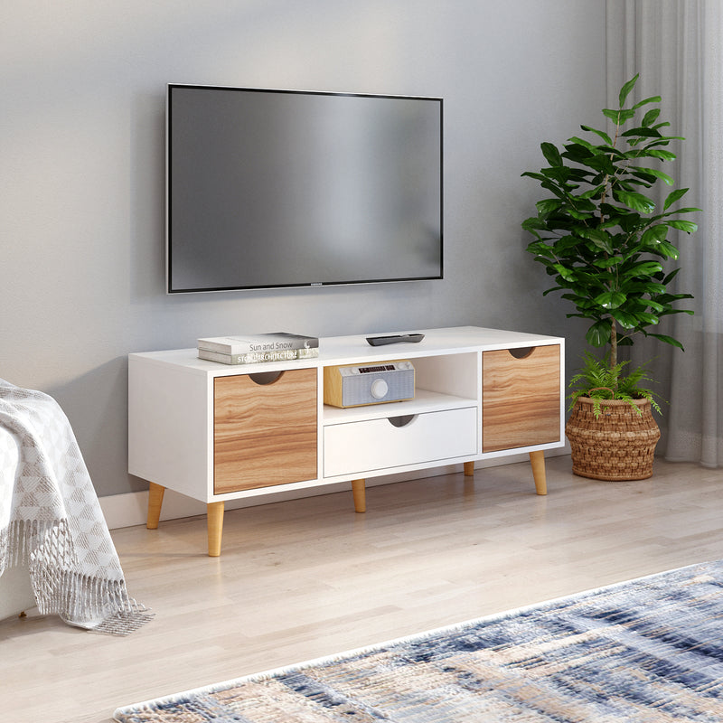 Meerveil TV Cabinet, White and Oak, with 2 Shelves, 1 Drawer, 1 Shelf