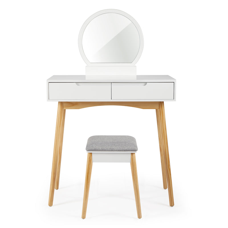 Meerveil  Dressing Table, White Color, with Round Mirror and Stool
