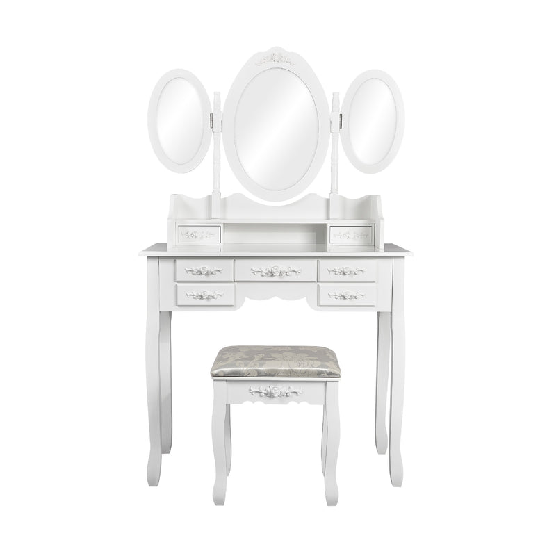 Meerveil Coiffeuse Moderne, Couleur Blanche, avec 3 Miroirs Rotatifs et Tabouret