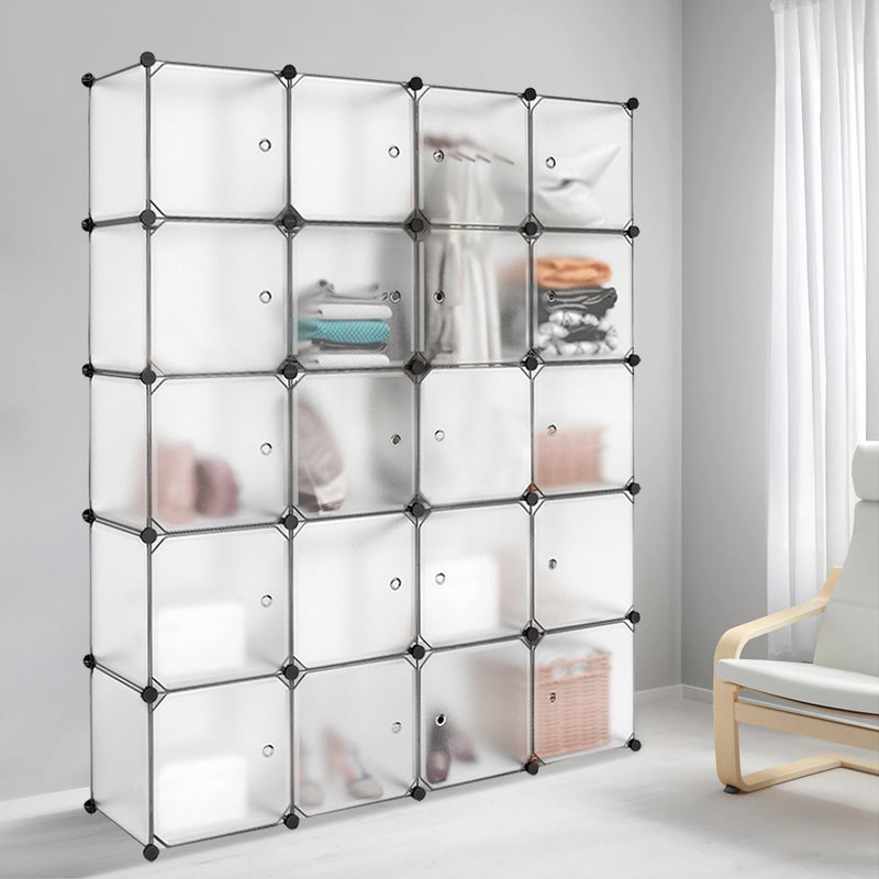 Meerveil Bedroom PP Storage Wardrobe, 12 Cubes/20 Cubes, White and Transparent