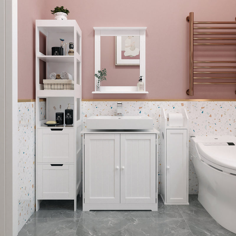 Meerveil Meuble de salle de bain simple, couleur blanche, espace ouvert supérieur, 2 tiroirs