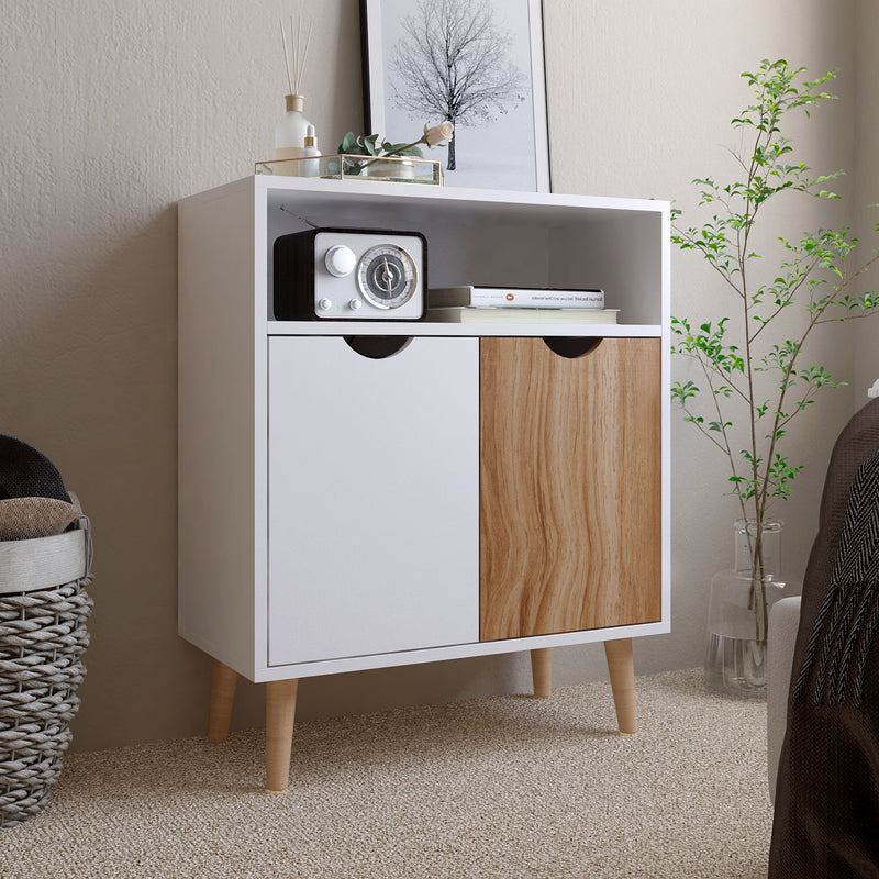 Meerveil Storage Cabinet, White and Oak, with 2 Doors, Solid Wood Legs
