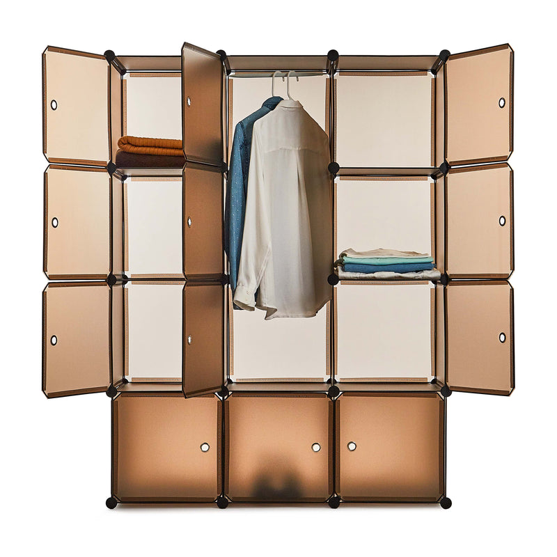 Meerveil Bedroom PP Storage Wardrobe, 12 Cubes/20 Cubes, Coffee Color and Transparent