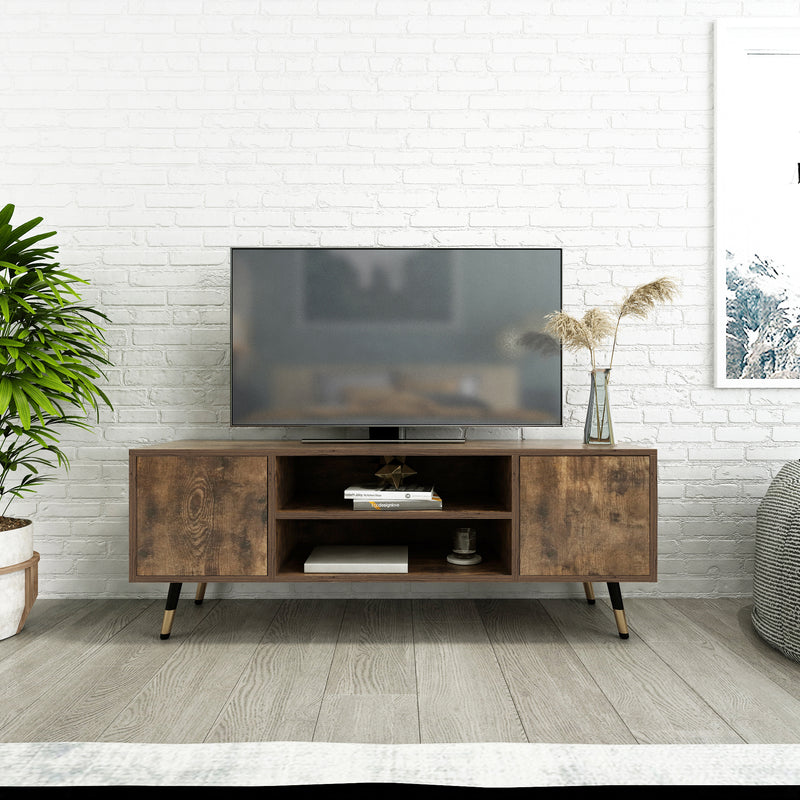 Meerveil Meubles TV rétro et industriels, couleur grain de bois antique, portes doubles