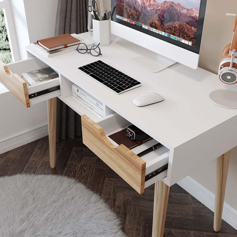 Meerveil Desk Computer Table£¬White and Oak£¬with 2 Drawers 1 Storage Unit