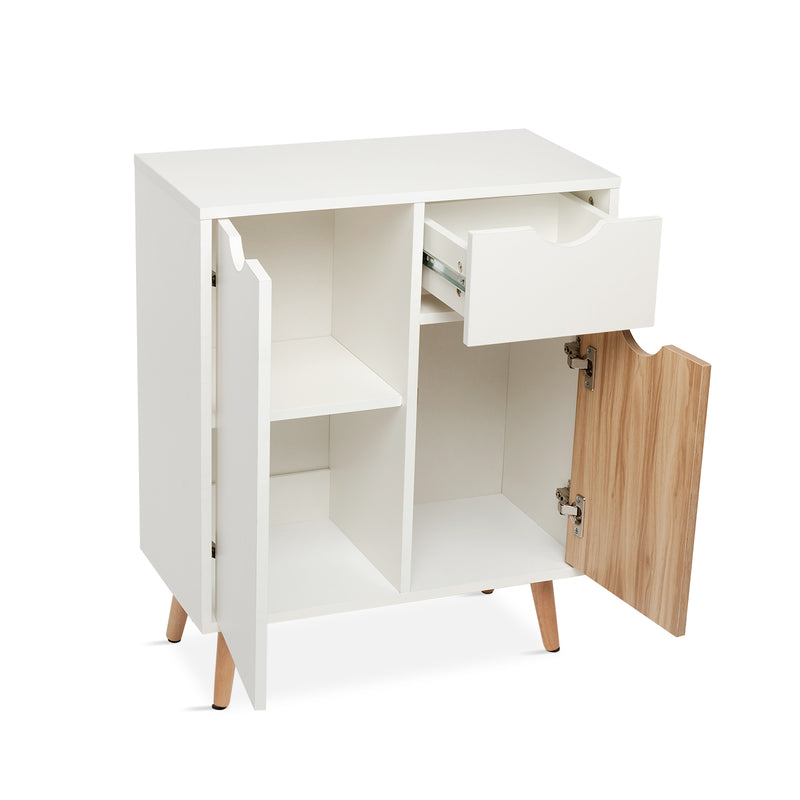 Meerveil Gabinete de almacenamiento moderno, color blanco y roble a juego, 2 puertas y un cajón