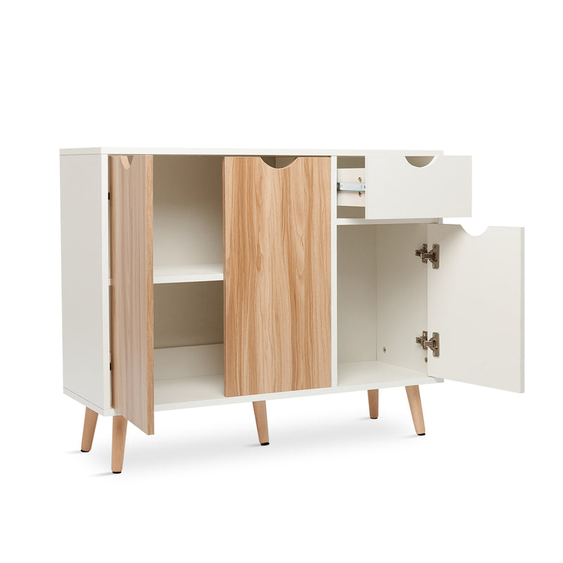 Meerveil Modern Storage Cabinet, White and Oak Color Matching, 3 Doors and Single Drawer