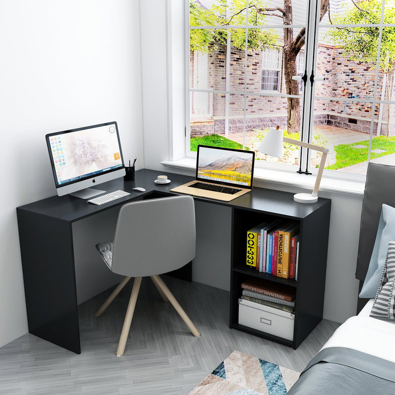 Meerveil L-shaped Computer Desk, White/Black Color, 2 Storage Compartments