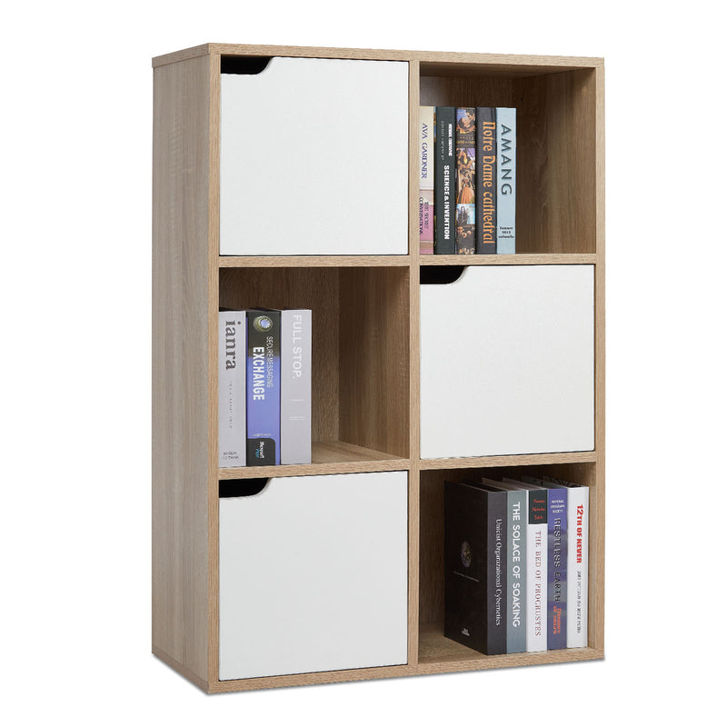 Meerveil Bookcase,  White and Wood, Six Compartments with Three Doors