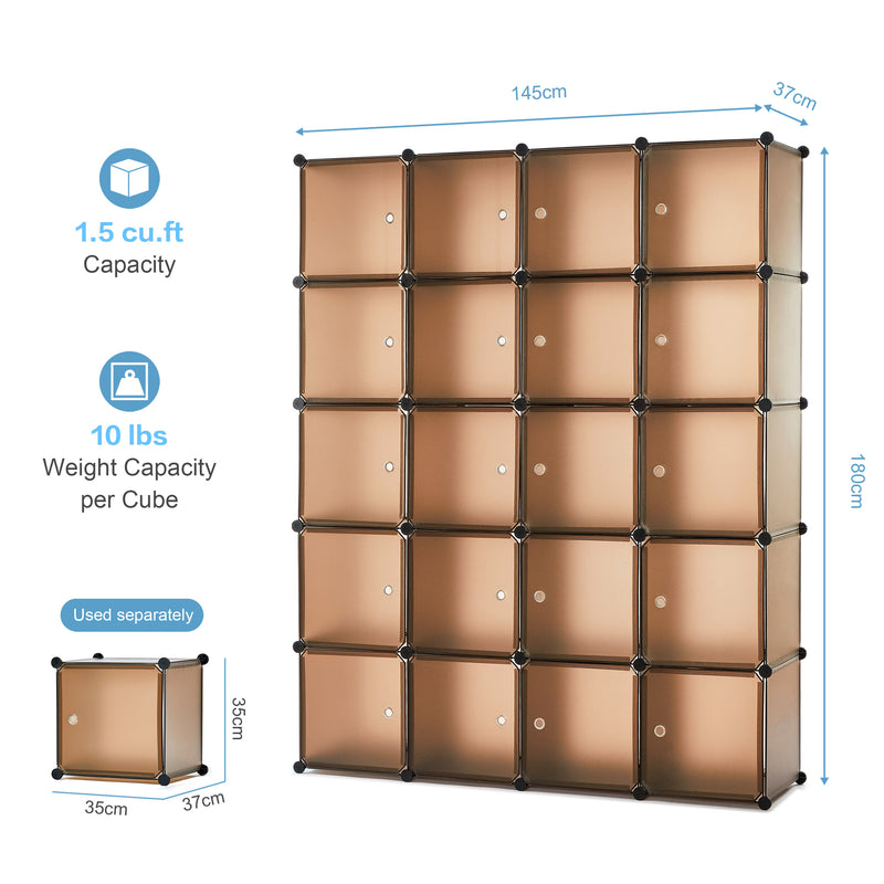 Meerveil Bedroom PP Storage Wardrobe, 12 Cubes/20 Cubes, Coffee Color and Transparent