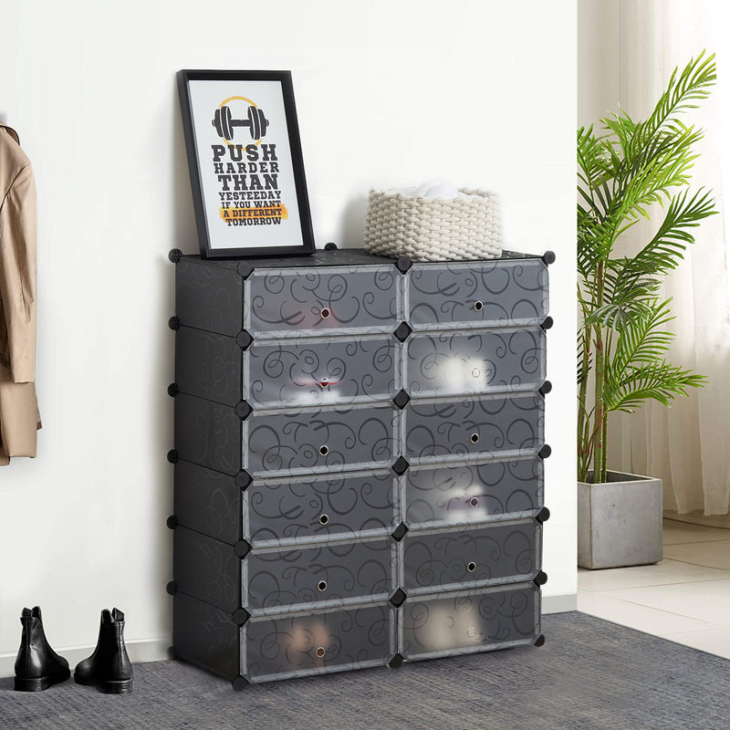 Meerveil DIY Étagère à chaussures multifonctionnelle en PP, 12 cubes, couleur noir / blanc