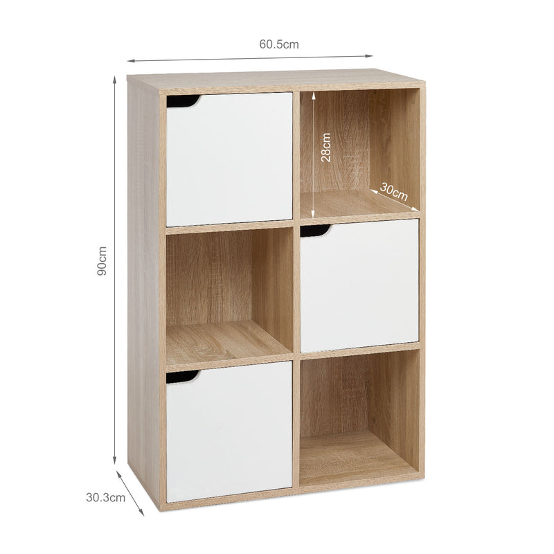 Meerveil Bookcase,  White and Wood, Six Compartments with Three Doors